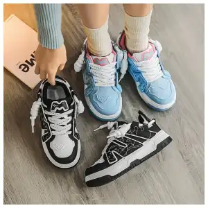 Zapatillas deportivas casuales de bloque de color para mujeres, zapatillas deportivas de moda con plataforma y cordones, zapatos de skate versátiles de bajo perfil miniatura 3